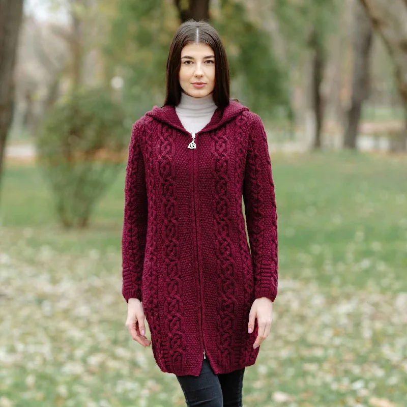 Women's Celtic Aran Knit Jacket, Wine Notch Collar Peter Pan Collar Cowl Neck