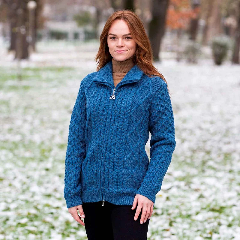 Women's Aran Knit Cable Bomber Jacket, Teal Knit Fabric Woven Fabric Fleece Fabric