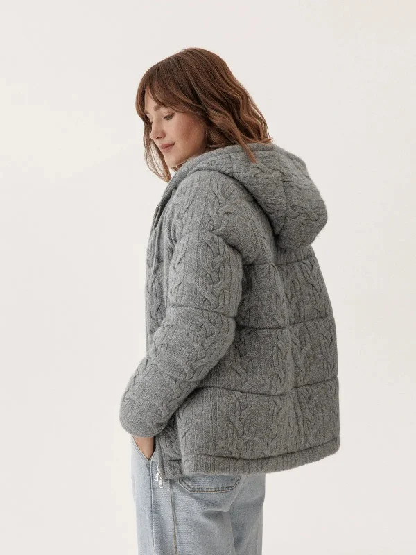 Knitted down jacket in cashmere yarn with hood Faux Fur Fabric Real Fur Fabric Shearling Fabric