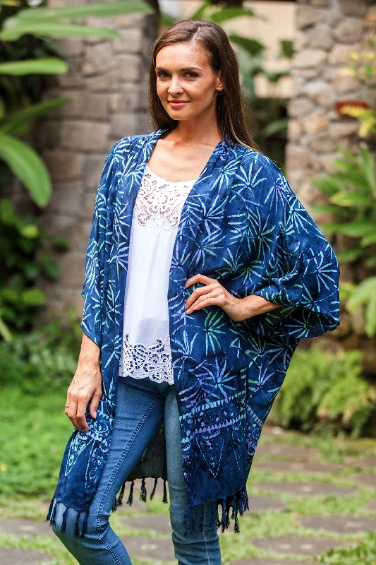 Denpasar Lady in Blue Leaf Motif Batik Rayon Kimono Jacket in Blue from Bali Corduroy Jacket Velvet Jacket Brocade Jacket