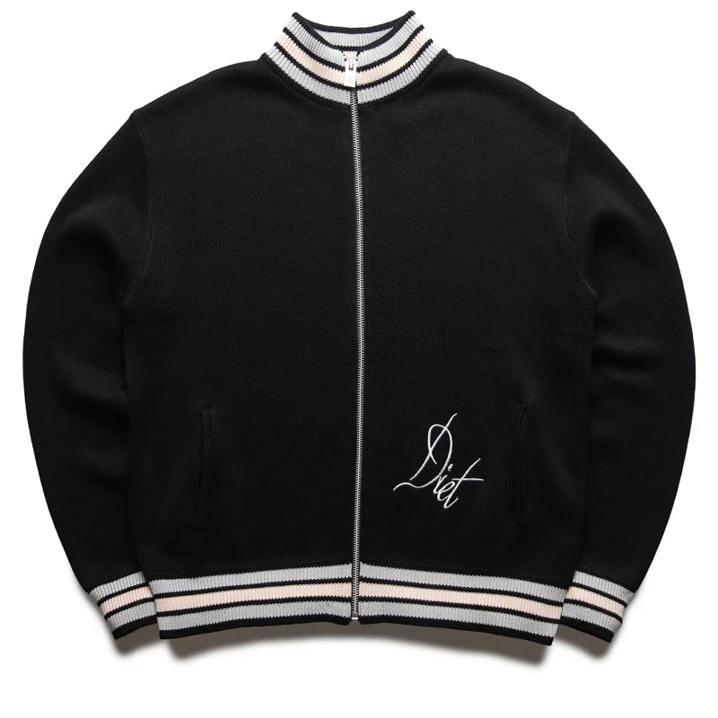 Diet Starts Monday Knitted Script Full Zip Varsity Jacket - Black Oversized Jacket Tailored Jacket Straight Jacket