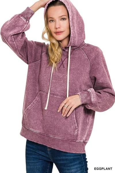 Eggplant washed hoodie Hoodie with Hem Fringe Bohemian Relaxed
