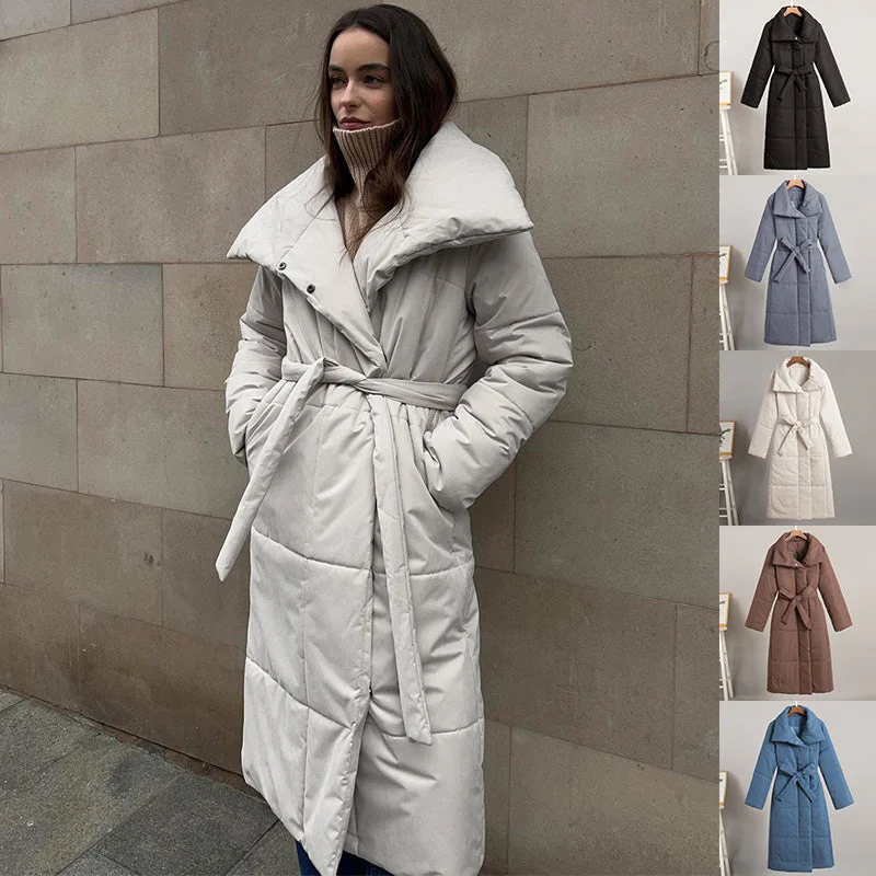 Fashion Large Lapel Long Coat Winter Warm Cotton Jacket With Pockets And Lace-up Design Casual Solid Color Thick Coat For Women Outwear Clothing Chenille Jacket Brocade Jacket Lace Jacket