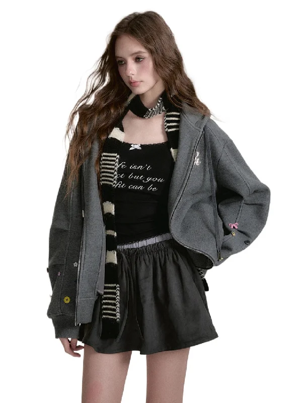 Fleece-Lined Zip-up Hoodie Hoodie with Crew Neck Simple Timeless
