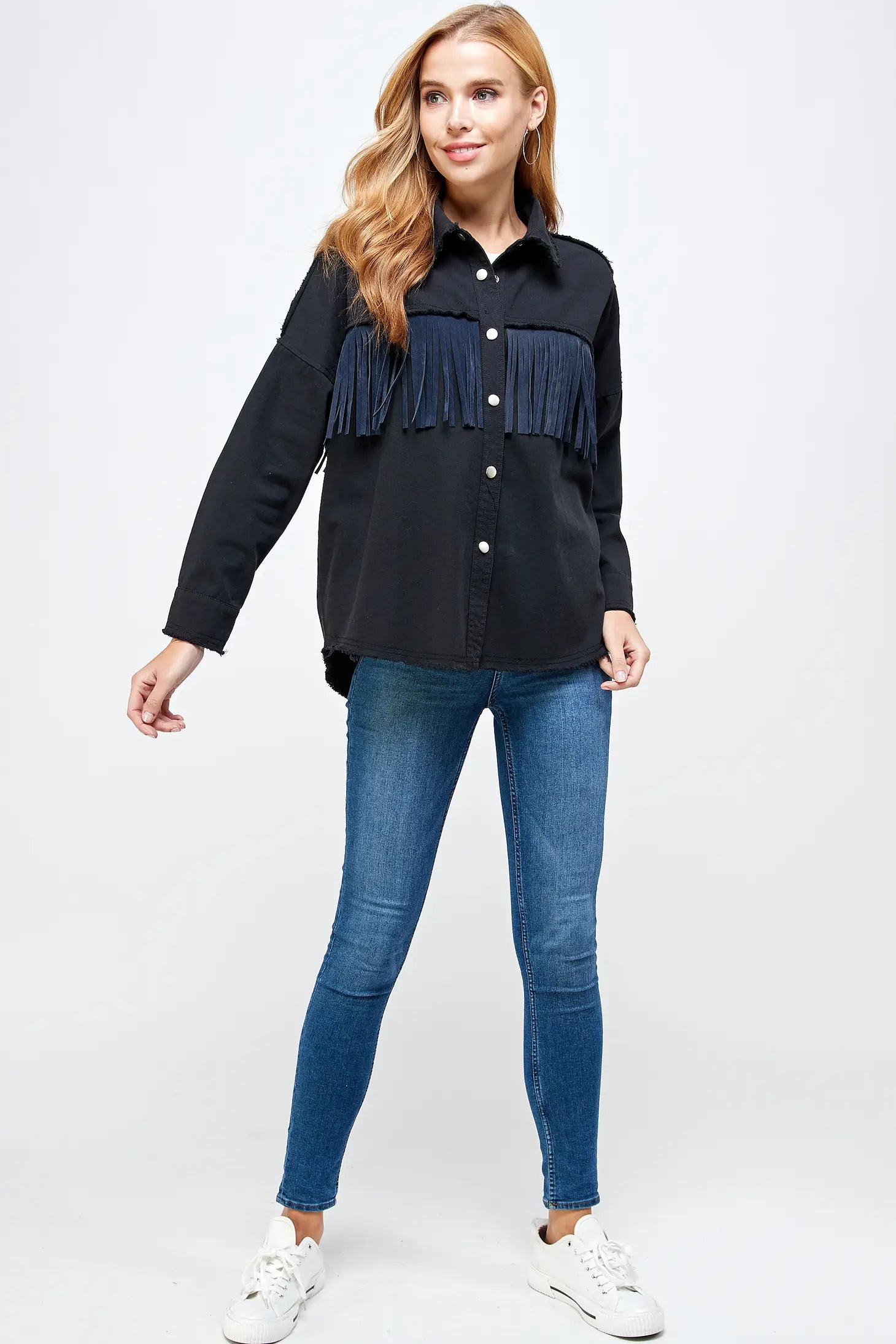 Fringe Button Down Shirt Jacket (Shacket) Midnight Fitted Jacket Loose Jacket Oversized Jacket