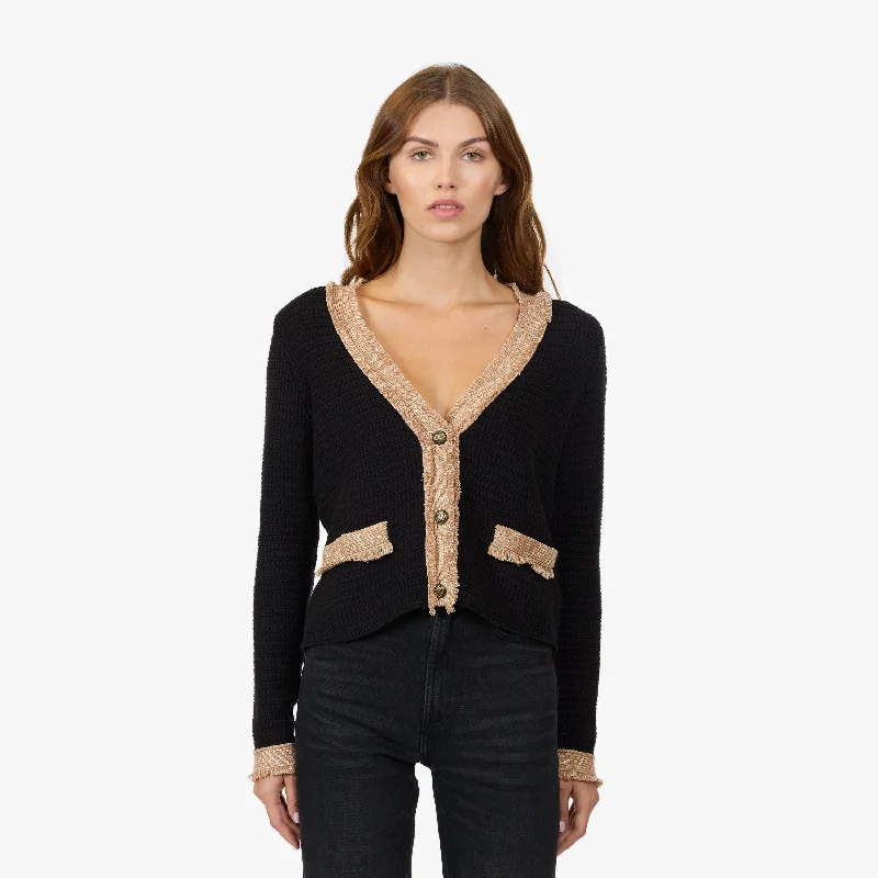 Fringed Trimmed V-Neck Jacket in Black Combo Welt Pockets Slit Pockets Flap Pockets