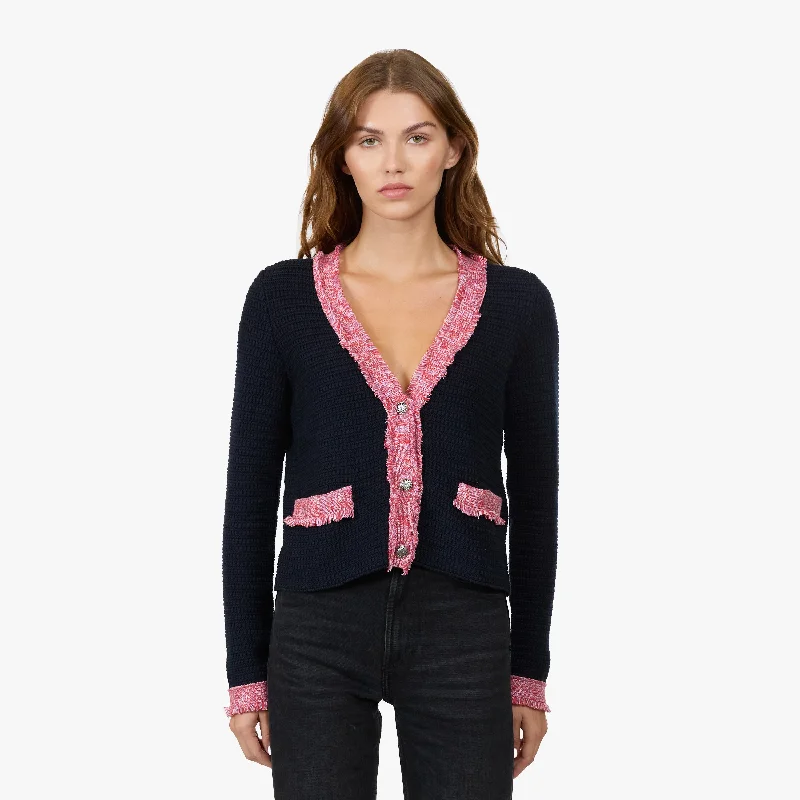 Fringed Trimmed V-Neck Jacket in Navy Blue Combo Ribbed Jacket Pleated Jacket Ruffled Jacket