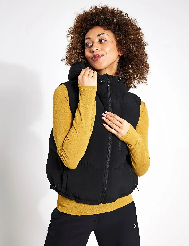 Hooded Cropped Puffer Gilet - Black Hoodie with High-Low Hem Asymmetrical Trendy