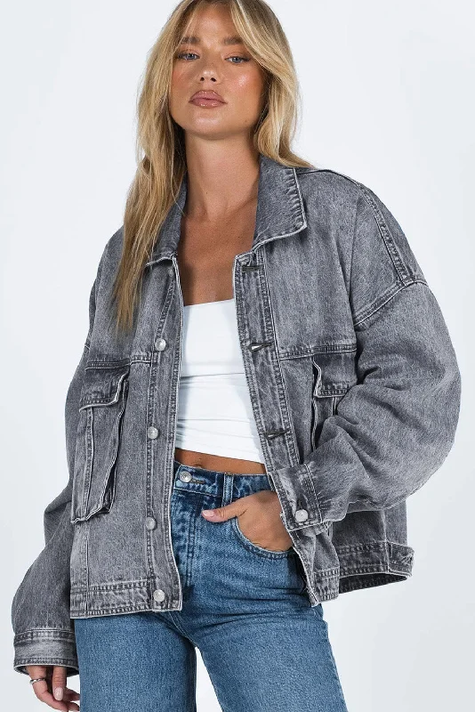 Long Sleeve Button-down Oversized Gray Denim Jean Jacket Nylon Fabric Polyester Fabric Spandex Fabric