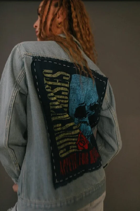 Guns N Roses Flower Skull Hand Stitched Denim Jacket Boat Neck Shawl Collar Notched Collar