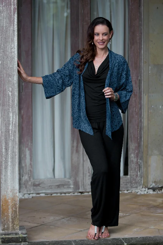 Indigo Garden Blue Javanese Batik Rayon Kimono Jacket Welt Pockets Slit Pockets Flap Pockets