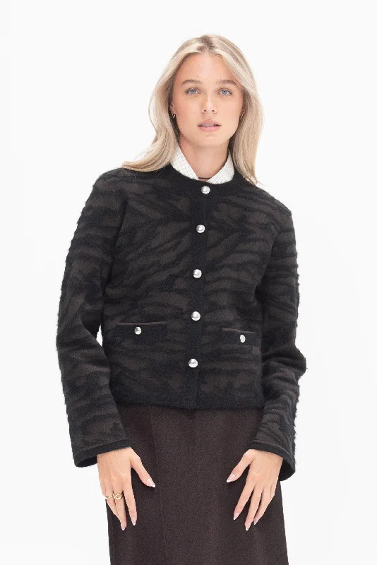 Josephine Jacket in Brushed Knit, Hickory-Black Print Jacket Jacquard Jacket Patchwork Jacket