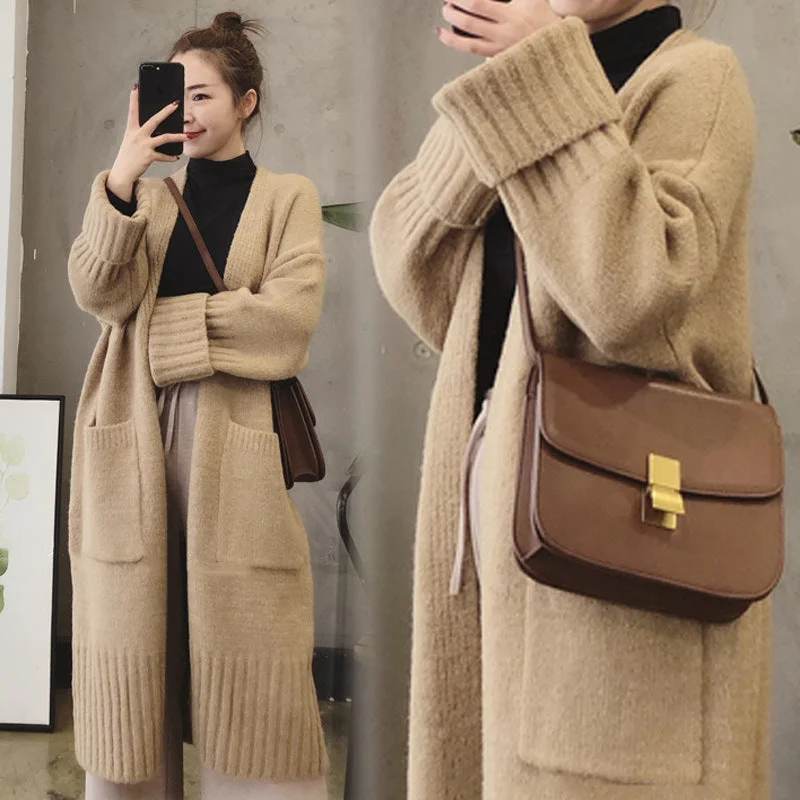 Knitted Cardigan Women's Autumn and Winter 2023 New Korean Style Loose Lazy Style Mid-Length Thickened Sweater Jacket Trendy Welt Pockets Slit Pockets Flap Pockets