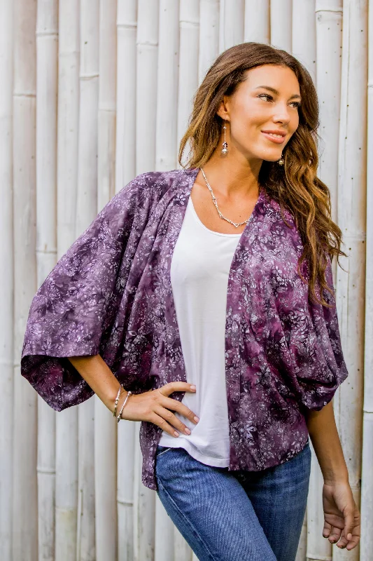 Lavish Garden in Boysenberry Purple Batik Short Rayon Kimono Jacket Stand-Up Collar Roll-Neck Collar Turtle Neck