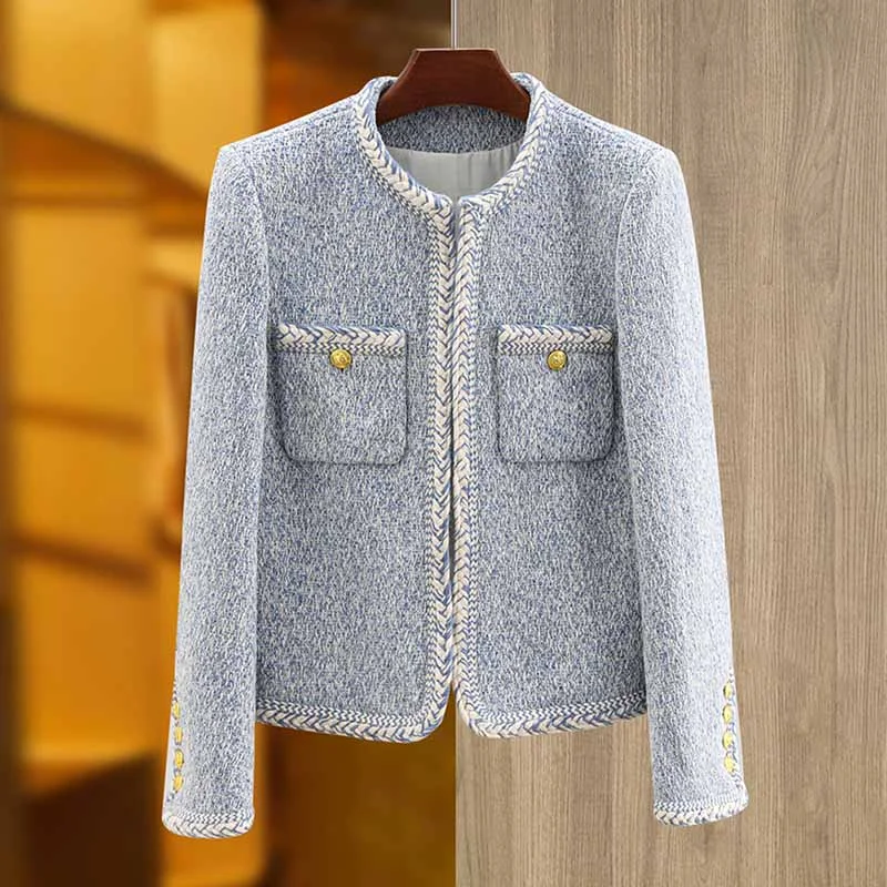 Luxury tweed autumn winter coat blue tweed woolen cloth jacket Herringbone Jacket Checkered Jacket Solid Jacket