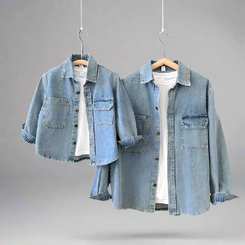 Matching Family Denim Jackets  Classic Light-Wash Jean Shirt for Mom, Dad, and Kids Front Pockets Side Pockets Patch Pockets