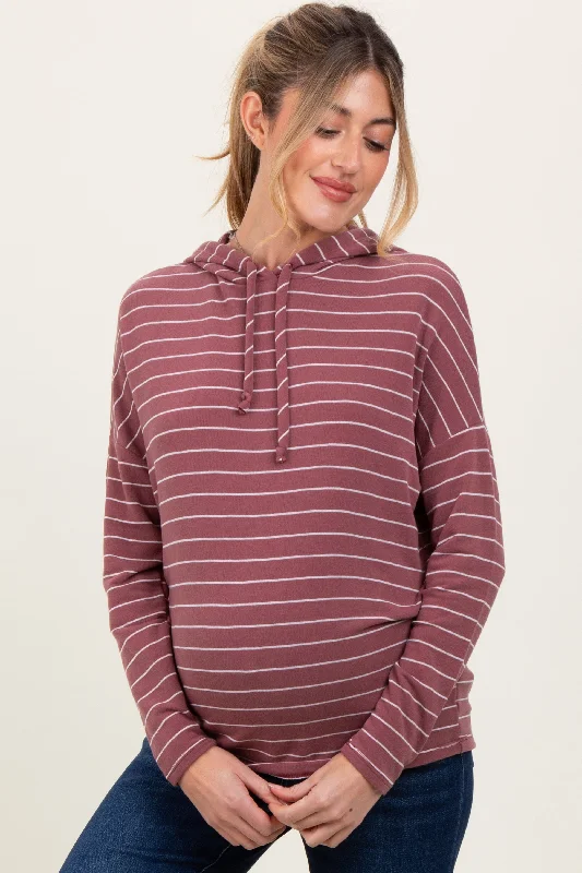 Mauve Striped Drawstring Hoodie Maternity Top Hoodie with Hem Drawcord Adjustable Customizable Mauve Striped Drawstring Hoodie Maternity Top Hoodie with Hem Drawcord Adjustable Customizable