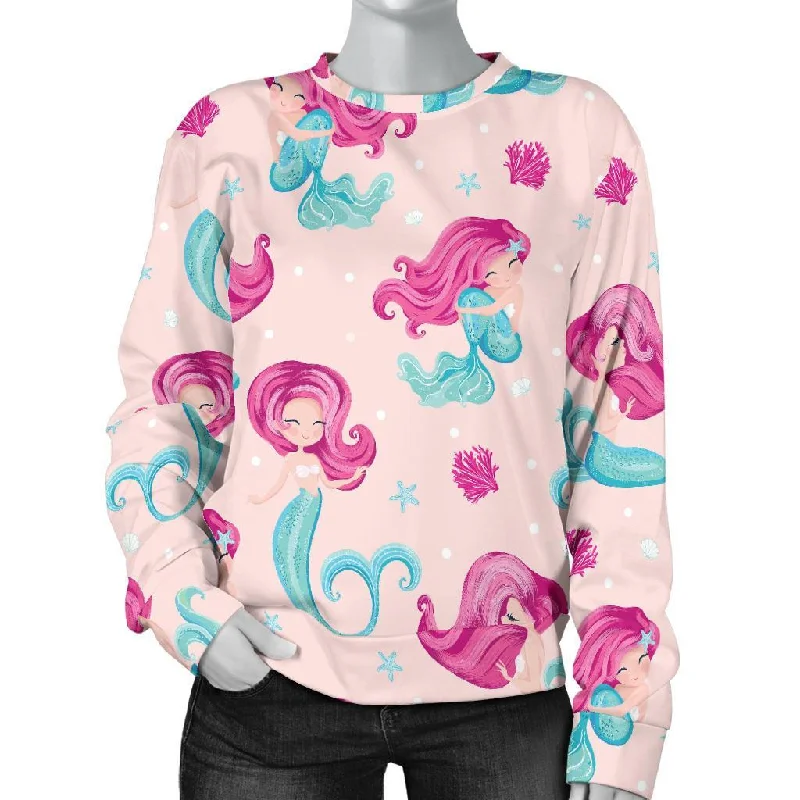 Mermaid Pink Pattern Print Women's Sweatshirt Hoodie with Ribbed Hem Stretchable Secure