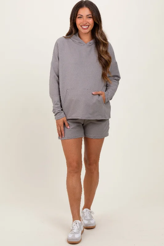 Mocha Hoodie Shorts Maternity Set Hoodie with Drop Shoulder Relaxed Streetwear