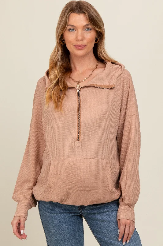 Mocha Waffle Knit Half Zip Relaxed Fit Maternity Hoodie Hoodie with Drawstring Waist Adjustable Fitted Mocha Waffle Knit Half Zip Relaxed Fit Maternity Hoodie Hoodie with Drawstring Waist Adjustable Fitted