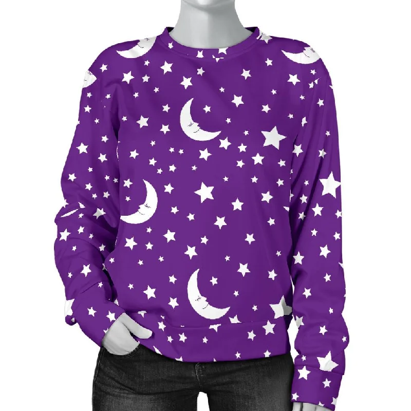 Moon Purple Pattern Print Women's Sweatshirt Hoodie with Slit Hem Functional Movement Moon Purple Pattern Print Women's Sweatshirt Hoodie with Slit Hem Functional Movement