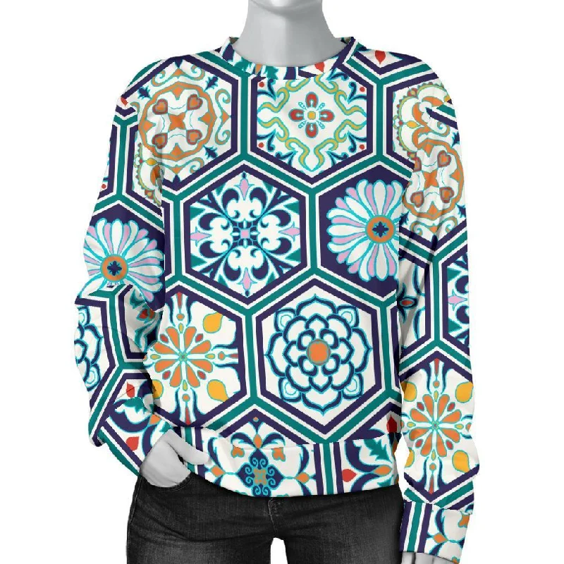 Mosaic Pattern Print Women's Sweatshirt Hoodie with Earth Tones Natural Calm