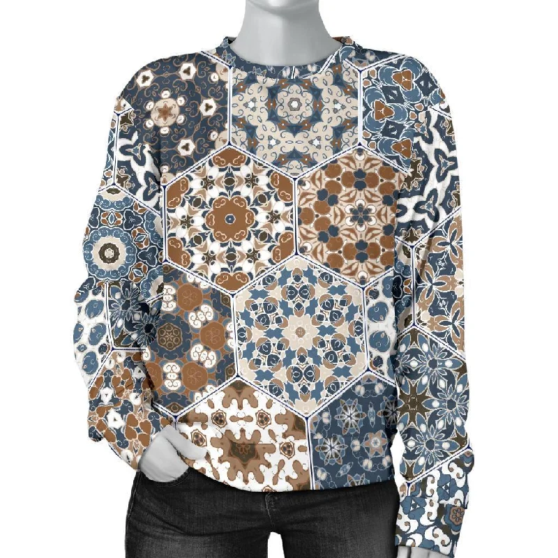 Mosaic Print Pattern Women's Sweatshirt Hoodie with Contrast Stitching Detailed Premium Mosaic Print Pattern Women's Sweatshirt Hoodie with Contrast Stitching Detailed Premium