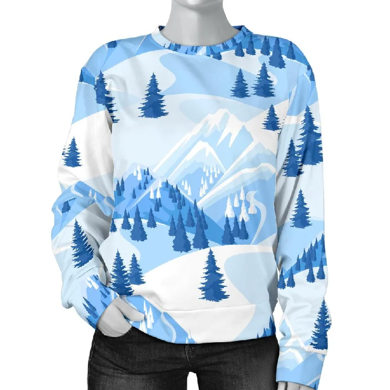 Mountain Snow Pattern Print Women's Sweatshirt Hoodie with Distressed Vintage Worn