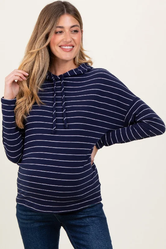 Navy Striped Drawstring Hoodie Maternity Top Hoodie with Full-Zip Functional Layering Navy Striped Drawstring Hoodie Maternity Top Hoodie with Full-Zip Functional Layering