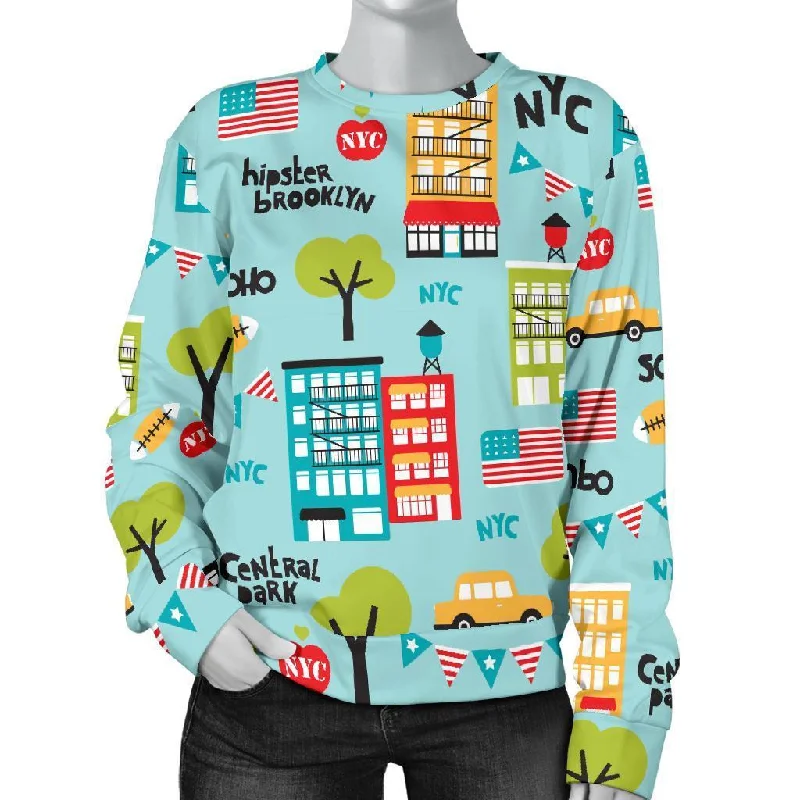 New York Print Pattern Women's Sweatshirt Hoodie with Hem Raw Edge Edgy Unfinished