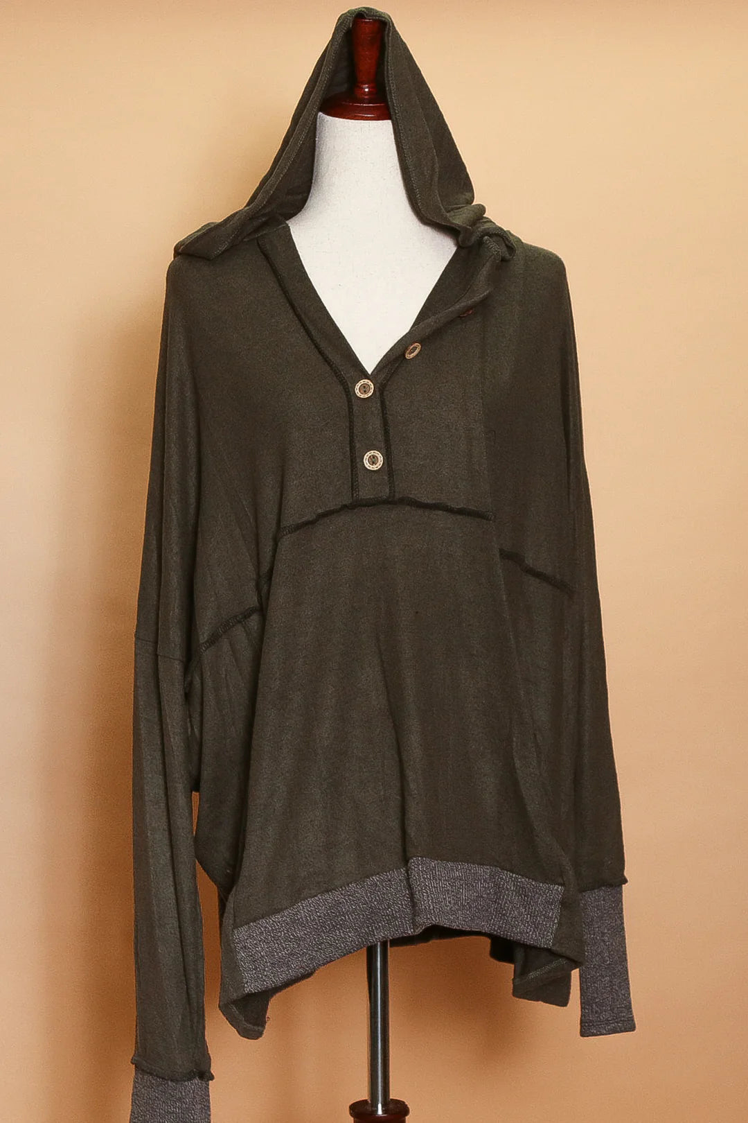 Olive Henley Button Hoodie Hoodie with Magnetic Closure Innovative Modern