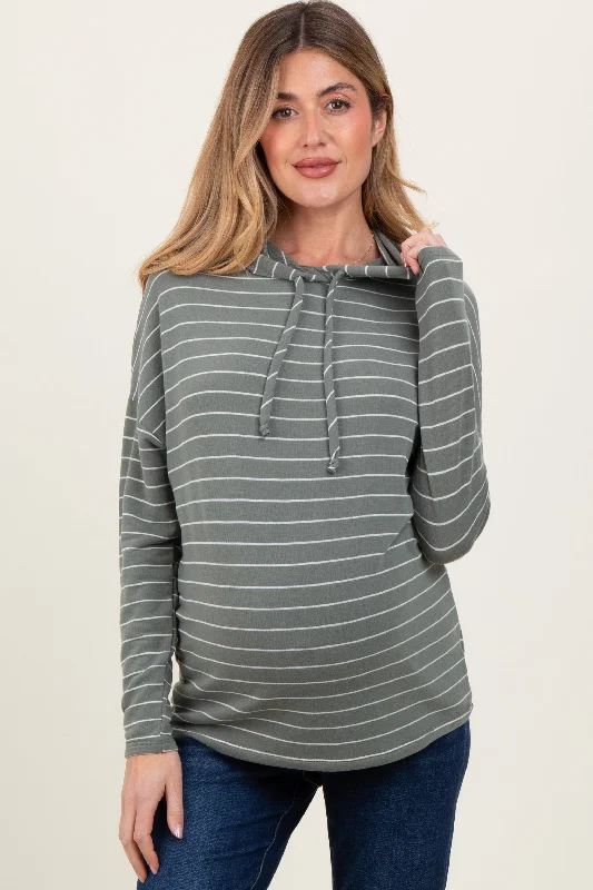 Olive Striped Drawstring Hoodie Maternity Top Hoodie with Tie-Dye Psychedelic Retro