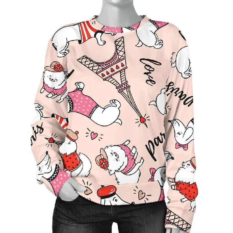Paris Dog Pattern Print Women's Sweatshirt Hoodie with Contrast Stitching Detailed Premium