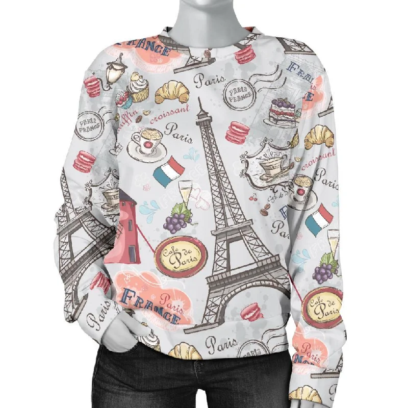 Paris France Pattern Print Women's Sweatshirt Hoodie with Rhinestones Sparkly Elegant
