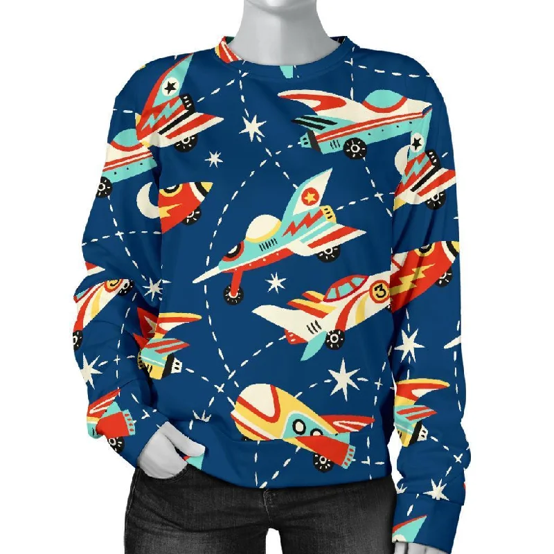 Pattern Airplane Print Women's Sweatshirt Hoodie with Ribbed Hem Stretchable Secure