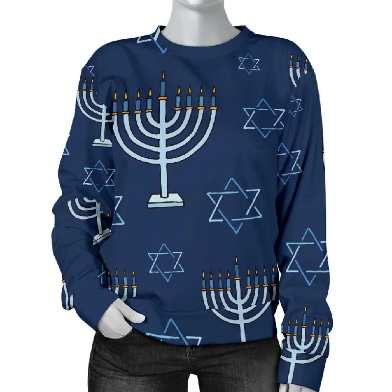 Pattern Print Hanukkah Women's Sweatshirt Hoodie with Frayed Bohemian Relaxed