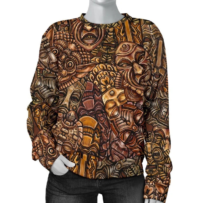 Pattern Print Totem Women's Sweatshirt Zip Hoodie Drawstring Kangaroo Pocket