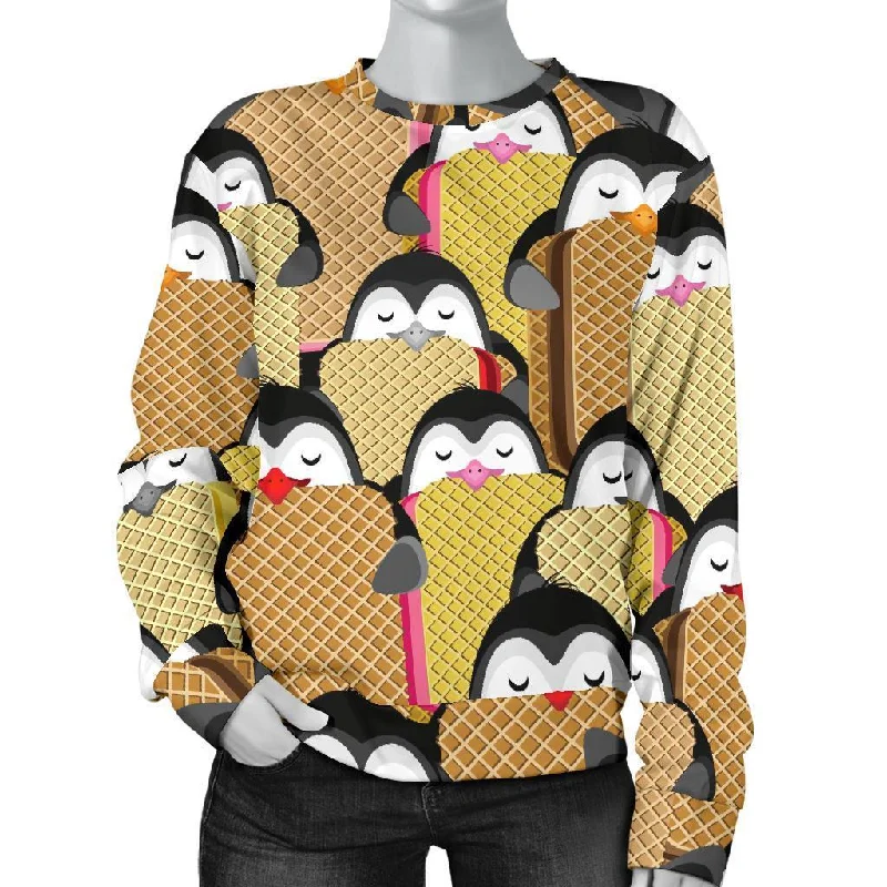 Penguin Waffle Pattern Print Women's Sweatshirt Hoodie with Hem Contrast Bold Stylish Penguin Waffle Pattern Print Women's Sweatshirt Hoodie with Hem Contrast Bold Stylish