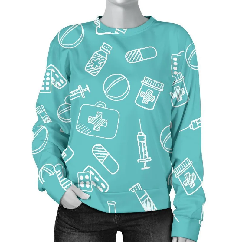 Pharmacy Pastel Pattern Print Women's Sweatshirt Hoodie with Hem Embroidery Detailed Premium Pharmacy Pastel Pattern Print Women's Sweatshirt Hoodie with Hem Embroidery Detailed Premium