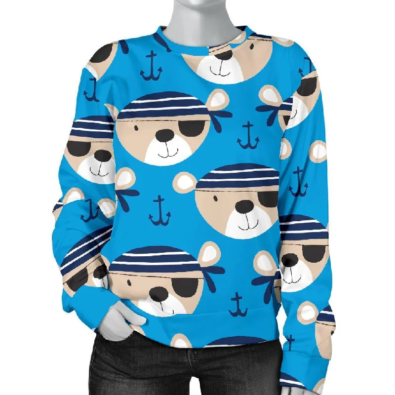 Pirate Bear Pattern Print Women's Sweatshirt Hoodie with Contrast Stitching Detailed Premium