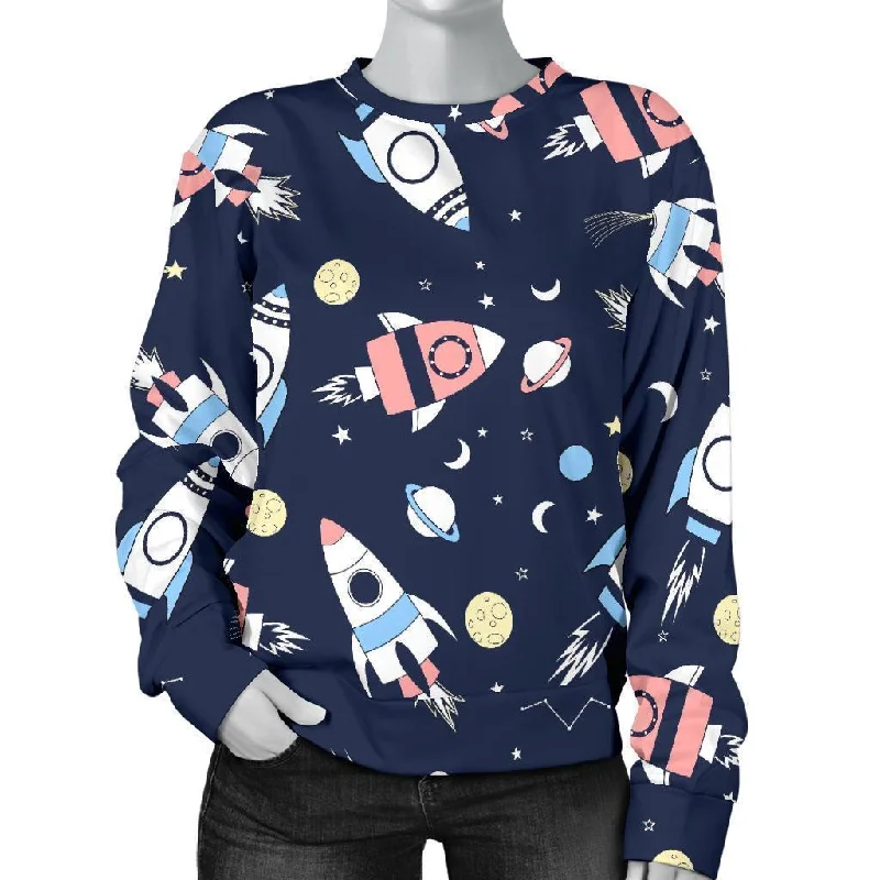 Planet Spaceship Pattern Print Women's Sweatshirt Hoodie with Emblem Brand Identity