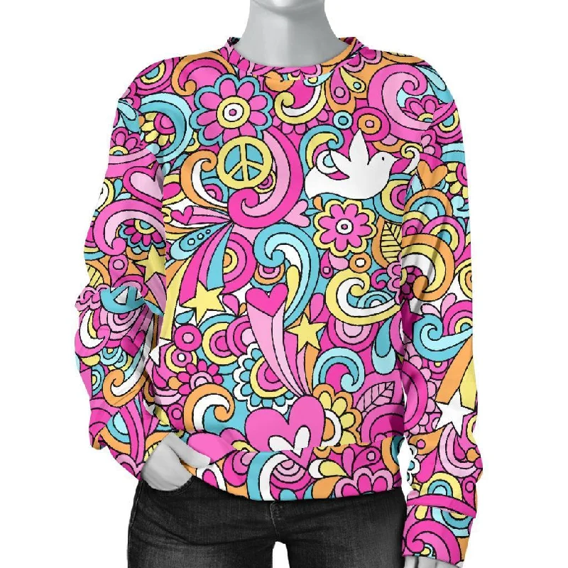 Psychedelic Pattern Print Women's Sweatshirt Hoodie with Distressed Vintage Worn