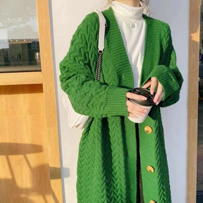 Retro green autumn and winter thickened sweater jacket for women, lazy, loose, mid-length, over-the-knee twist knitted cardigan Notch Collar Jacket Peter Pan Collar Jacket Cowl Neck Jacket