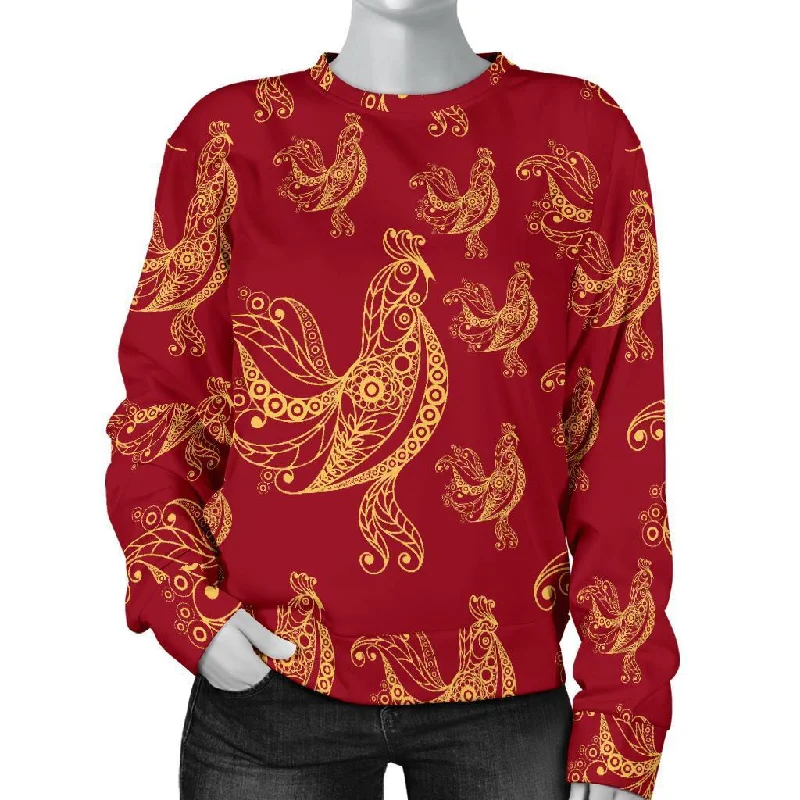 Rooster Pattern Print Women's Sweatshirt Hoodie with Side Slits Relaxed Casual
