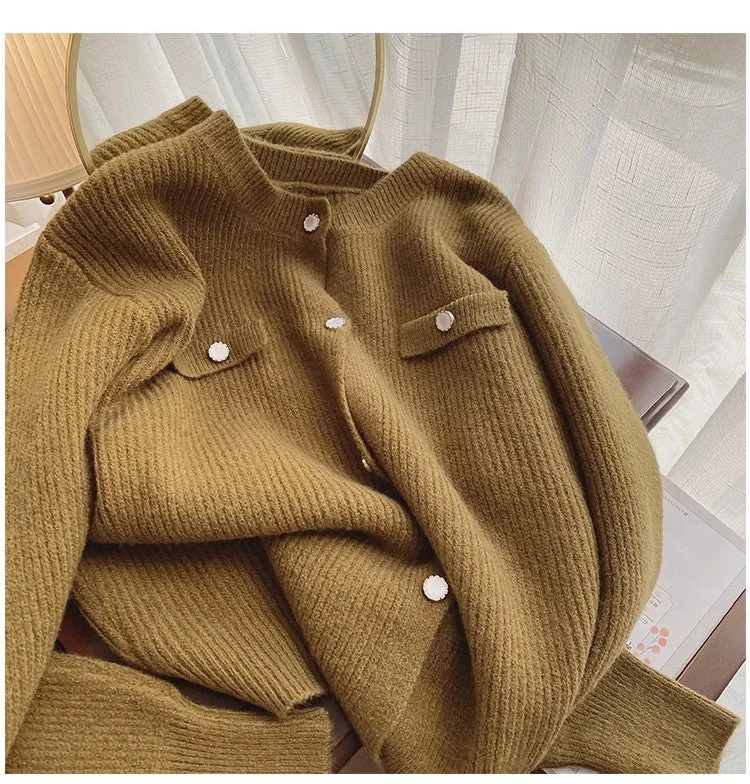 Round neck knitted cardigan for women design soft long-sleeved sweater jacket      S4914 Stand-Up Collar Roll-Neck Collar Turtle Neck