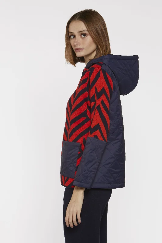 Navy and Orange Zig Zag Print Jacket with padded back and hood Welt Pockets Slit Pockets Flap Pockets