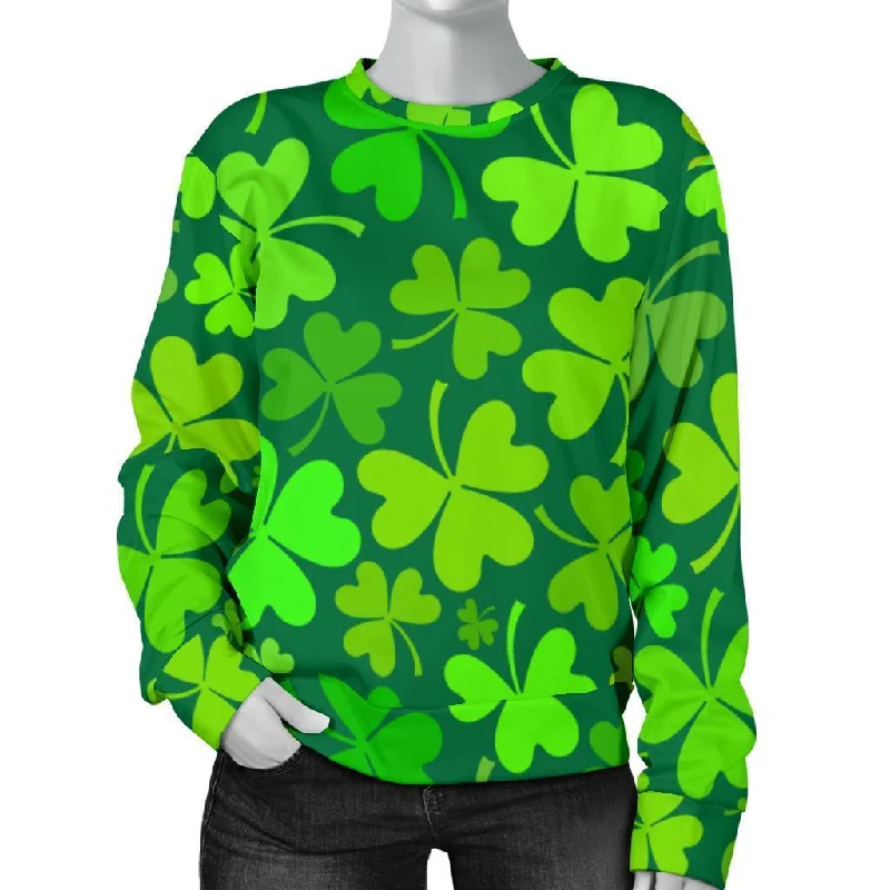 Shamrock St Patrick's Day Print Pattern Women's Sweatshirt Hoodie with Rolled Sleeves Casual Relaxed