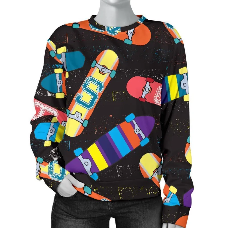 Skateboard Colorful Pattern Print Women's Sweatshirt Hoodie with Frayed Bohemian Relaxed