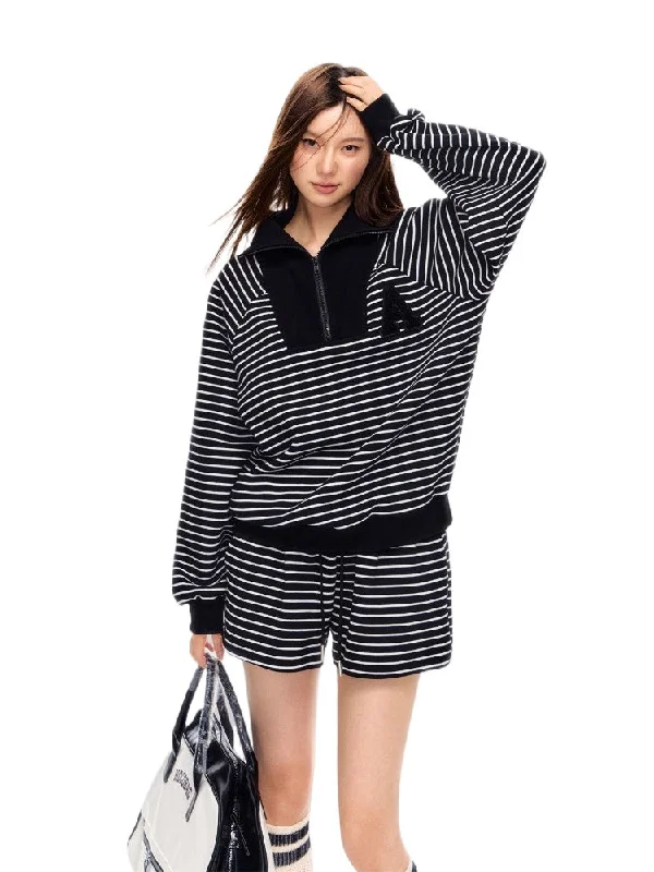 Striped Embroidered Sweatshirt & Shorts Set Hoodie with Monochrome Minimalist Simple Striped Embroidered Sweatshirt & Shorts Set Hoodie with Monochrome Minimalist Simple