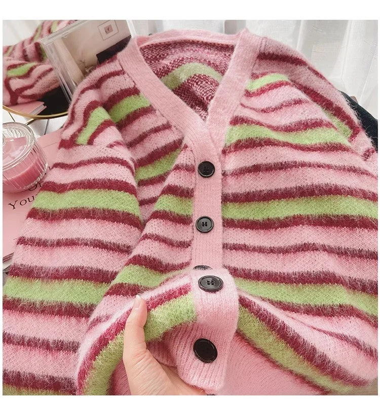 striped long-sleeved sweater jacket for women new soft knitted cardigan    S4919 Cardigan Sweater Pullover